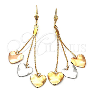 Oro Laminado Long Earring, Gold Filled Style Heart Design, Polished, Tricolor, 5.111.005