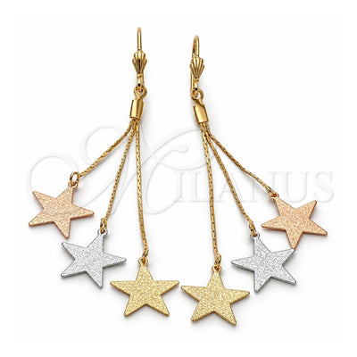 Oro Laminado Long Earring, Gold Filled Style Star Design, Matte Finish, Tricolor, 5.106.001