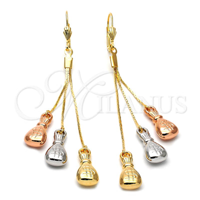 Oro Laminado Long Earring, Gold Filled Style Money Sign Design, Diamond Cutting Finish, Tricolor, 5.100.001 for wholesale, main product view