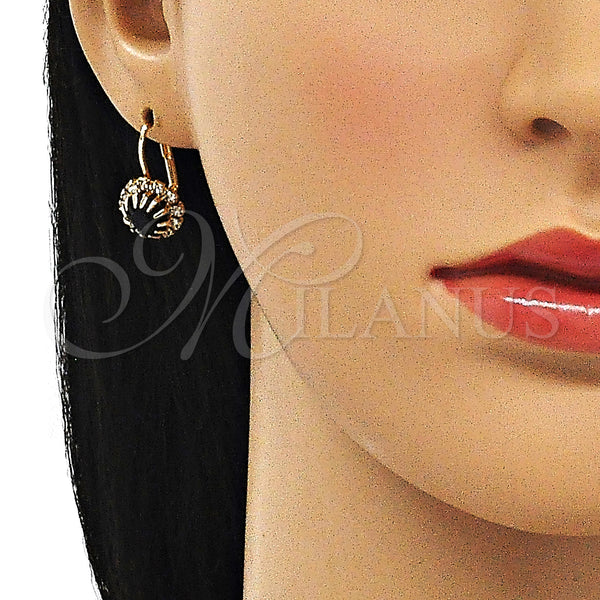 Oro Laminado Leverback Earring, Gold Filled Style Flower Design, with Black and White Crystal, Polished, Golden Finish, 5.125.005
