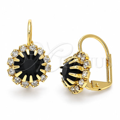 Oro Laminado Leverback Earring, Gold Filled Style Flower Design, with Black and White Crystal, Polished, Golden Finish, 5.125.005