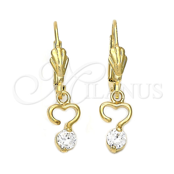 Oro Laminado Dangle Earring, Gold Filled Style Heart Design, with White Cubic Zirconia, Polished, Golden Finish, 5.073.008