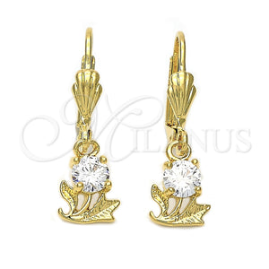 Oro Laminado Dangle Earring, Gold Filled Style Flower and Leaf Design, with White Cubic Zirconia, Diamond Cutting Finish, Golden Finish, 5.027.014