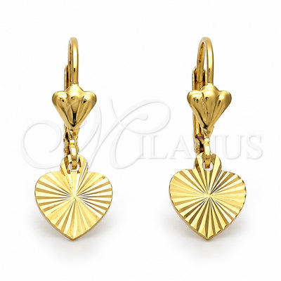 Oro Laminado Dangle Earring, Gold Filled Style Heart Design, Diamond Cutting Finish, Golden Finish, 5.109.012