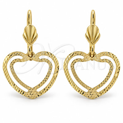 Oro Laminado Dangle Earring, Gold Filled Style Heart Design, Diamond Cutting Finish, Golden Finish, 5.121.010