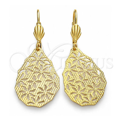 Oro Laminado Dangle Earring, Gold Filled Style Teardrop and Flower Design, Diamond Cutting Finish, Golden Finish, 5.088.005