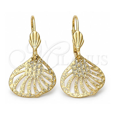 Oro Laminado Dangle Earring, Gold Filled Style Leaf Design, Diamond Cutting Finish, Golden Finish, 5.099.007
