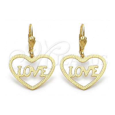 Oro Laminado Dangle Earring, Gold Filled Style Heart and Love Design, Diamond Cutting Finish, Golden Finish, 5.110.014