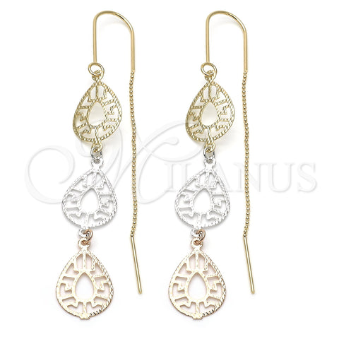Oro Laminado Long Earring, Gold Filled Style Greek Key Design, Polished, Tricolor, 5.119.004