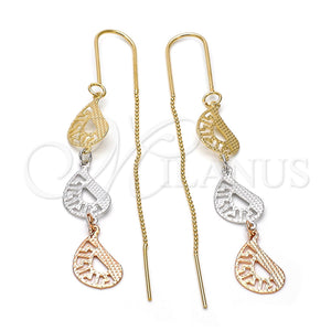 Oro Laminado Long Earring, Gold Filled Style Greek Key Design, Diamond Cutting Finish, Tricolor, 5.118.006