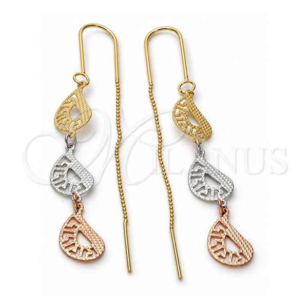 Oro Laminado Long Earring, Gold Filled Style Greek Key Design, Diamond Cutting Finish, Tricolor, 5.118.006
