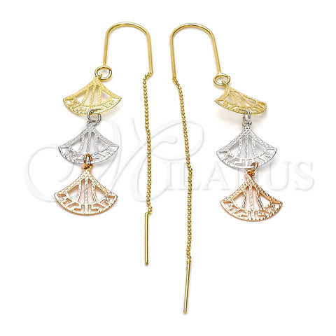 Oro Laminado Threader Earring, Gold Filled Style Shell Design, Diamond Cutting Finish, Tricolor, 5.095.002