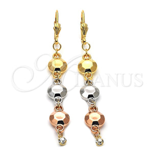 Oro Laminado Long Earring, Gold Filled Style with White Cubic Zirconia, Polished, Tricolor, 5.091.013