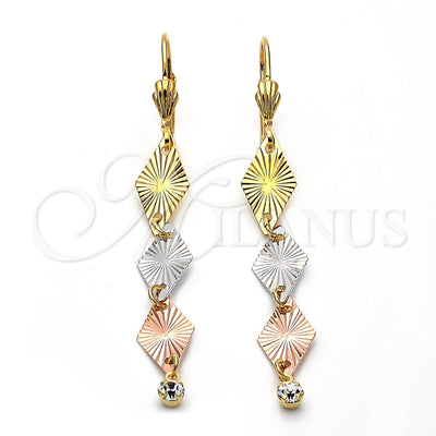 Oro Laminado Long Earring, Gold Filled Style with White Cubic Zirconia, Diamond Cutting Finish, Tricolor for wholesale, main product view