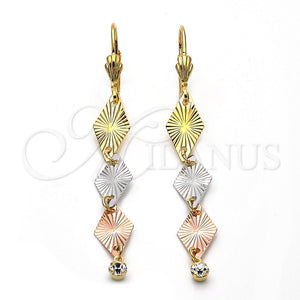 Oro Laminado Long Earring, Gold Filled Style with White Cubic Zirconia, Diamond Cutting Finish, Tricolor, 5.083.002