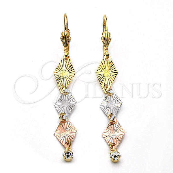 Oro Laminado Long Earring, Gold Filled Style with White Cubic Zirconia, Diamond Cutting Finish, Tricolor, 5.083.002