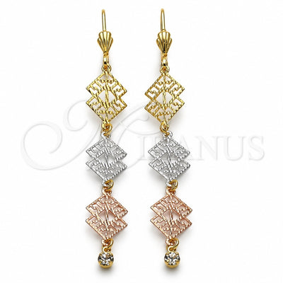 Oro Laminado Long Earring, Gold Filled Style Filigree Design, with White Cubic Zirconia, Diamond Cutting Finish, Tricolor, 5.083.011