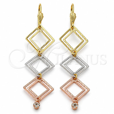 Oro Laminado Long Earring, Gold Filled Style with White Cubic Zirconia, Diamond Cutting Finish, Tricolor, 5.089.009