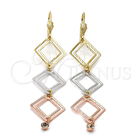 Oro Laminado Long Earring, Gold Filled Style with White Cubic Zirconia, Diamond Cutting Finish, Tricolor, 5.089.009