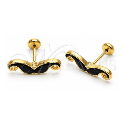 Oro Laminado Stud Earring, Gold Filled Style Moustache Design, Black Enamel Finish, Golden Finish, 02.09.0016