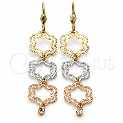 Oro Laminado Long Earring, Gold Filled Style Flower Design, with White Cubic Zirconia, Diamond Cutting Finish, Tricolor, 5.099.013