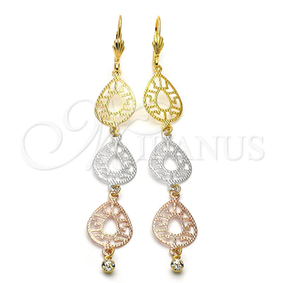 Oro Laminado Long Earring, Gold Filled Style Filigree Design, with White Cubic Zirconia, Diamond Cutting for wholesale, main product view