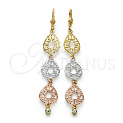 Oro Laminado Long Earring, Gold Filled Style Filigree Design, with White Cubic Zirconia, Diamond Cutting Finish, Tricolor, 5.069.009