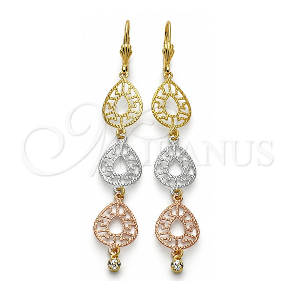 Oro Laminado Long Earring, Gold Filled Style Filigree Design, with White Cubic Zirconia, Diamond Cutting Finish, Tricolor, 5.069.009