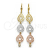 Oro Laminado Long Earring, Gold Filled Style Filigree Design, with White Cubic Zirconia, Diamond Cutting Finish, Tricolor, 5.069.009