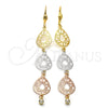 Oro Laminado Long Earring, Gold Filled Style Filigree Design, with White Cubic Zirconia, Diamond Cutting Finish, Tricolor, 5.069.009
