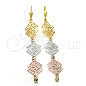 Oro Laminado Long Earring, Gold Filled Style Filigree Design, with White Cubic Zirconia, Diamond Cutting Finish, Tricolor, 5.097.001