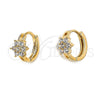 Oro Laminado Huggie Hoop, Gold Filled Style Flower Design, with White Cubic Zirconia, Polished, Golden Finish, 5.131.017