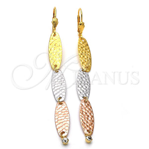 Oro Laminado Long Earring, Gold Filled Style with White Cubic Zirconia, Diamond Cutting Finish, Tricolor, 5.070.009