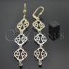 Oro Laminado Long Earring, Gold Filled Style Filigree Design, with White Cubic Zirconia, Diamond Cutting Finish, Tricolor, 5.107.011