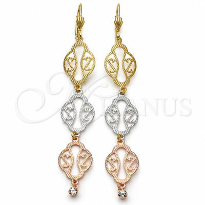 Oro Laminado Long Earring, Gold Filled Style Filigree Design, with White Cubic Zirconia, Diamond Cutting Finish, Tricolor, 5.107.011