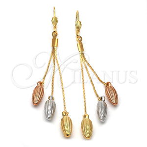 Oro Laminado Long Earring, Gold Filled Style Corn Design, Diamond Cutting Finish, Tricolor, 5.100.003