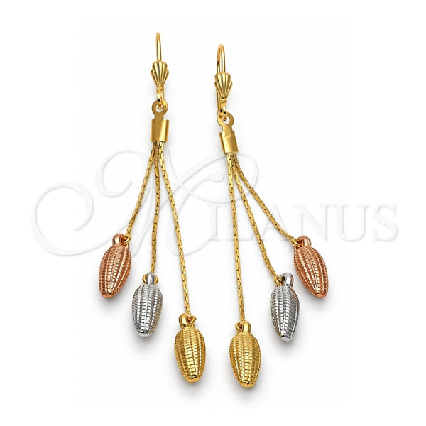 Oro Laminado Long Earring, Gold Filled Style Corn Design, Diamond Cutting Finish, Tricolor, 5.100.003