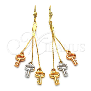 Oro Laminado Long Earring, Gold Filled Style key Design, Polished, Tricolor, 5.107.001