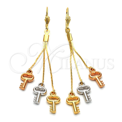 Oro Laminado Long Earring, Gold Filled Style key Design, Polished, Tricolor, 5.107.001