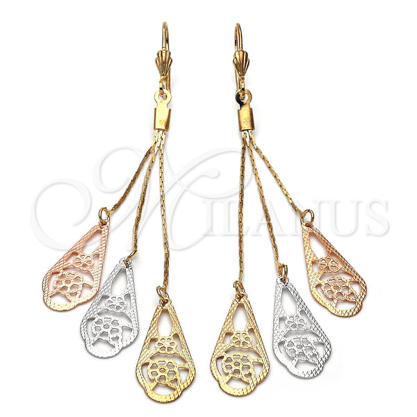Oro Laminado Long Earring, Gold Filled Style Flower and Teardrop Design, Diamond Cutting Finish, Tricolor, 5.082.002