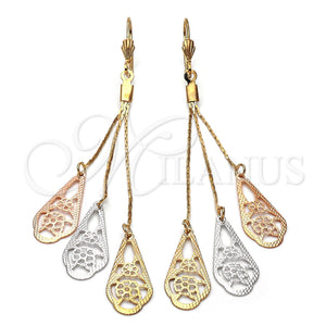 Oro Laminado Long Earring, Gold Filled Style Flower and Teardrop Design, Diamond Cutting Finish, Tricolor, 5.082.002
