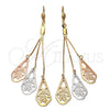 Oro Laminado Long Earring, Gold Filled Style Flower and Teardrop Design, Diamond Cutting Finish, Tricolor, 5.082.002