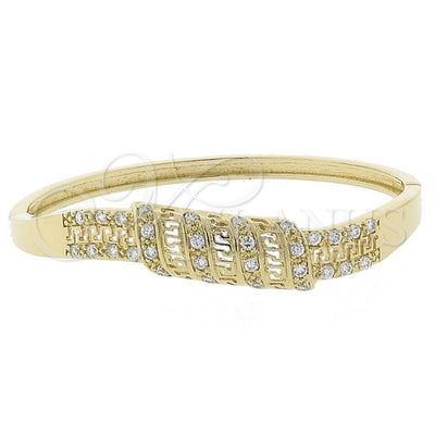 Oro Laminado Individual Bangle, Gold Filled Style Greek Key Design, with White Cubic Zirconia, Polished, Golden for wholesale, main product view