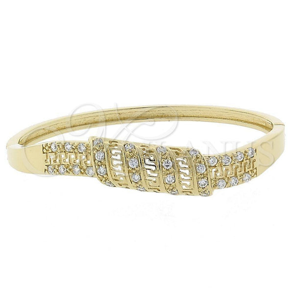 Oro Laminado Individual Bangle, Gold Filled Style Greek Key Design, with White Cubic Zirconia, Polished, Golden Finish, 5.230.004 (11 MM Thickness, Size 5 (2.50 Diameter))