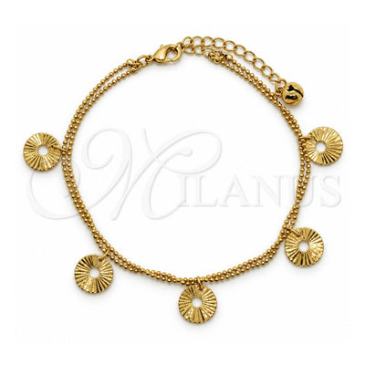 Oro Laminado Charm Anklet , Gold Filled Style Rattle Charm Design, Diamond Cutting Finish, Golden Finish, 5.016.006.10 (10 Inches Length)