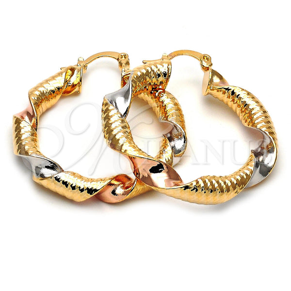 Oro Laminado Medium Hoop, Gold Filled Style Twist Design, Diamond Cutting Finish, Tricolor, 5.143.001.35