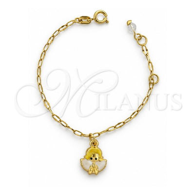 Oro Laminado Charm Bracelet, Gold Filled Style Angel Design, White Enamel Finish, Golden Finish, 03.16.0006 (6 Inches Length)
