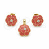 Oro Laminado Earring and Pendant Adult Set, Gold Filled Style Flower Design, Enamel Finish, Golden Finish, 10.65.0558