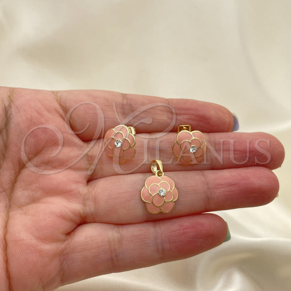 Oro Laminado Earring and Pendant Adult Set, Gold Filled Style Flower Design, Enamel Finish, Golden Finish, 10.65.0558