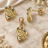 Oro Laminado Earring and Pendant Adult Set, Gold Filled Style Greek Key Design, with White Crystal, Polished, Golden Finish, 10.91.0036
